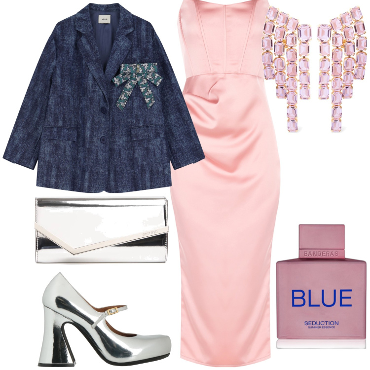 Outfit donna - Pink and blue. Stile Chic per Cerimonia. Abbinamento con décolleté, profumi, vestiti midi/longuette, blazer, pochette, orecchini.
