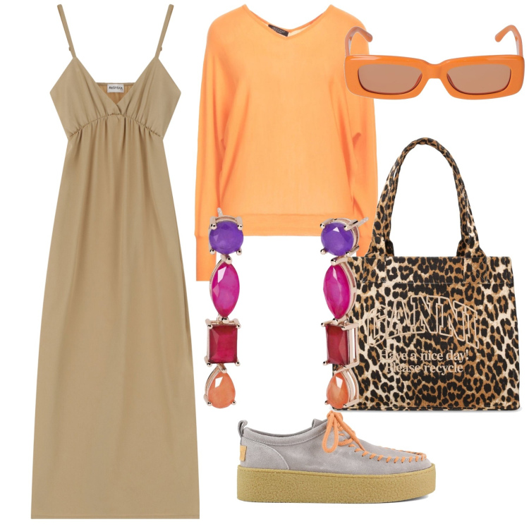 Outfit donna - Total look. Stile Trendy per Tutti i giorni. Abbinamento con pullovers, vestiti, orecchini, mocassini, occhiali da sole, shopping bag.