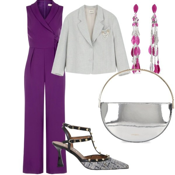 Outfit donna - Matrimonio in vista. Stile Glamour per Serata fuori. Abbinamento con décolleté, blazer, tute, pochette, orecchini.