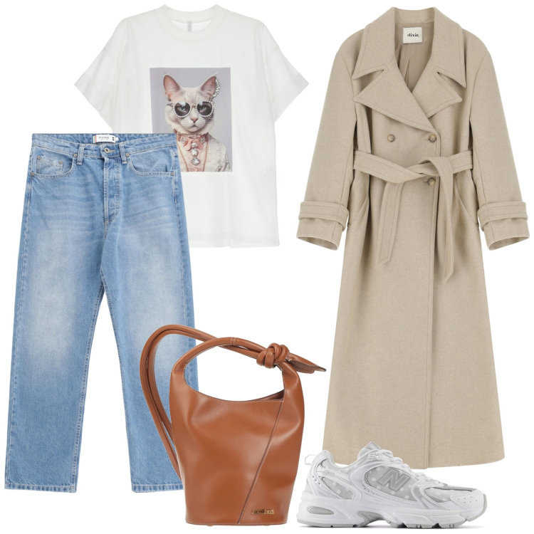 Outfit donna - Trench in stile casual. Stile Casual per Tutti i giorni. Abbinamento con borse a secchiello, sneakers, jeans, t-shirt, trench.