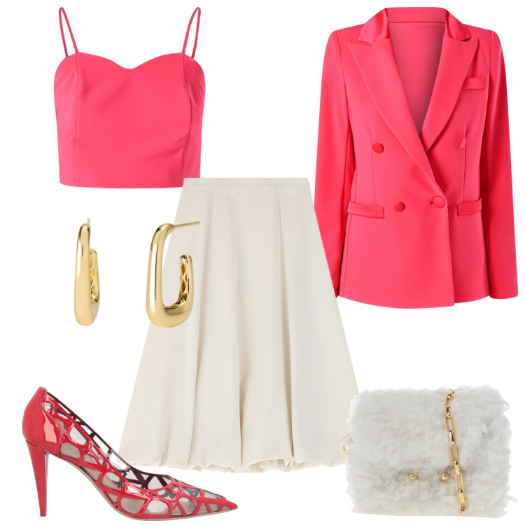 Outfit donna - Total look #2092791. Stile Chic per Serata fuori. Abbinamento con borse a tracolla, décolleté, orecchini, blazer, top, gonne longuette.