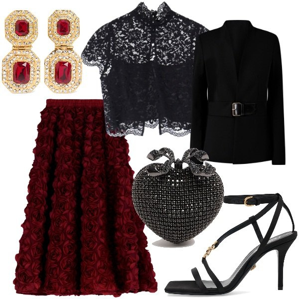 Outfit donna - Matrimonio in vista. Stile Glamour per Cerimonia. Abbinamento con top, gonne, blazer, pochette, sandali in pelle, orecchini.