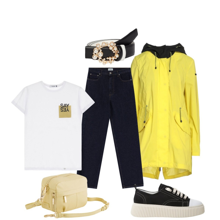 Outfit donna - Total look #2092795. Stile Casual chic per Tutti i giorni. Abbinamento con trench, t-shirt, sneakers, jeans dritti, cinture, borse a tracolla.