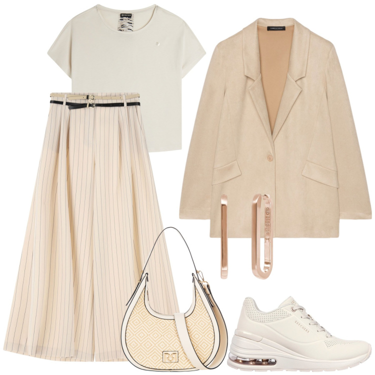 Outfit donna - Beige e Crema. Stile Casual chic per Tutti i giorni. Abbinamento con orecchini, borse a mano, pantaloni a palazzo, t-shirt, blazer, sneakers.