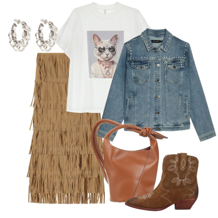 Outfit donna - Pomeriggio. Stile Boho per Tutti i giorni. Abbinamento con stivaletti texani, borse a secchiello, t-shirt, gonne lunghe, orecchini, blazer.