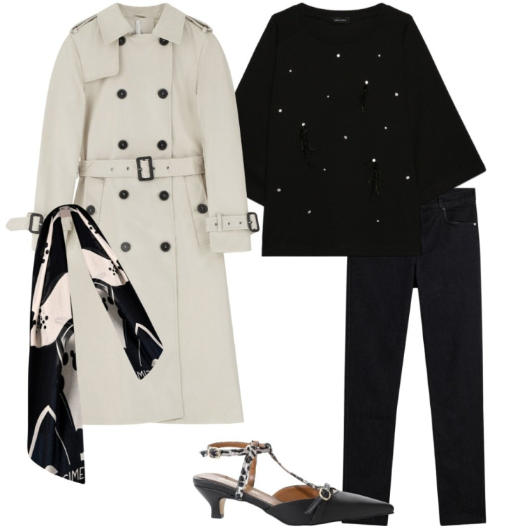 Outfit donna - Il trench versatile. Stile Urban per Ufficio. Abbinamento con trench, décolleté, sciarpe, jeans skinny, felpe.