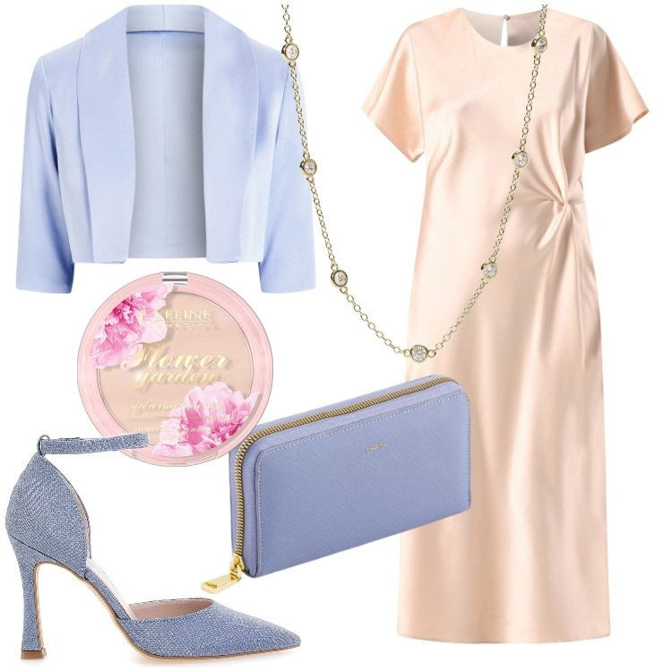 Outfit donna - I colori della rinascita Donna CURVY. Stile Chic per Cerimonia. Abbinamento con ciprie, collane, vestiti midi/longuette, bolero, décolleté, portafogli.