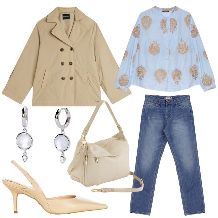 Outfit donna - Primavera. Stile Casual chic per Tutti i giorni. Abbinamento con orecchini, décolleté, jeans dritti, trench, bluse, borse a tracolla.