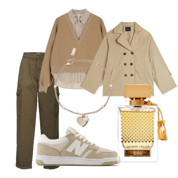 Outfit donna - Aspettando la primavera. Stile Trendy per Tutti i giorni. Abbinamento con profumi, braccialetti con ciondoli, sneakers, felpe, trench, pantaloni.