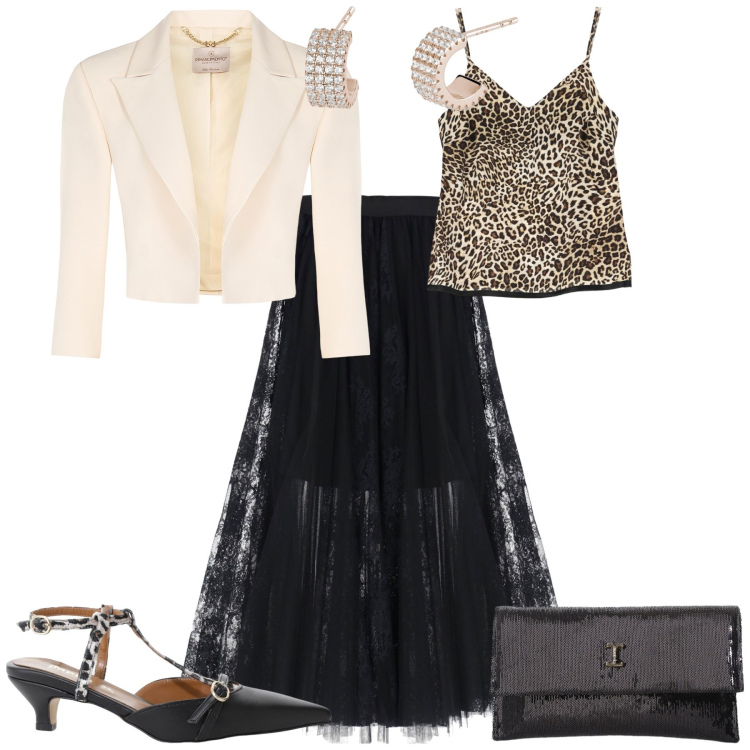 Outfit donna - Evento serata glamour. Stile Glamour per Serata fuori. Abbinamento con bolero, orecchini, décolleté, borse a tracolla, gonne, top.