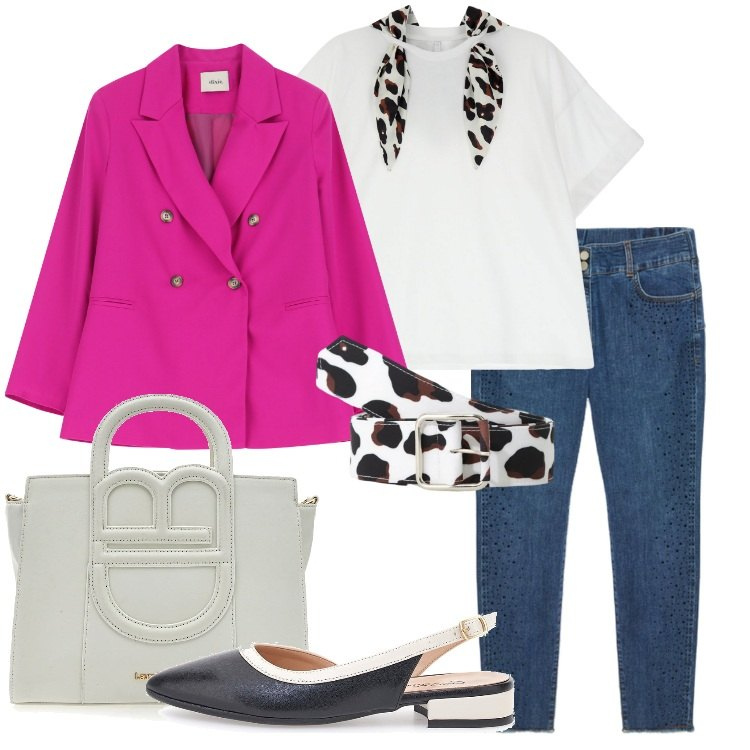 Outfit donna - Casual chic a primavera. Stile Casual chic per Tutti i giorni. Abbinamento con cinture, t-shirt, blazer, ballerine, jeans skinny, borse a tracolla.