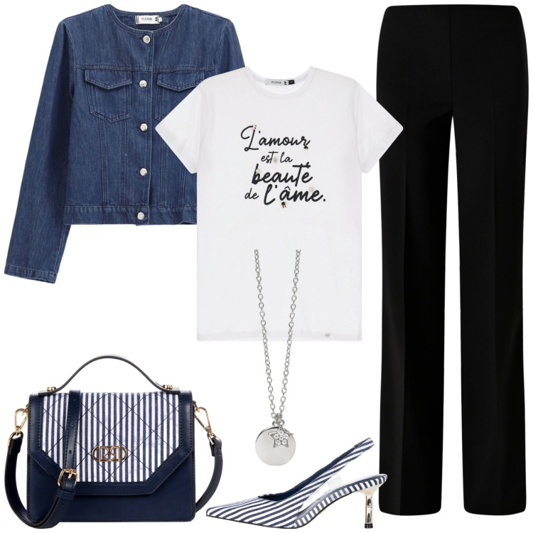 Outfit donna - Righe blu. Stile Casual chic per Tutti i giorni. Abbinamento con ciondoli, pantaloni a palazzo, décolleté, borse a mano, t-shirt, blazer.