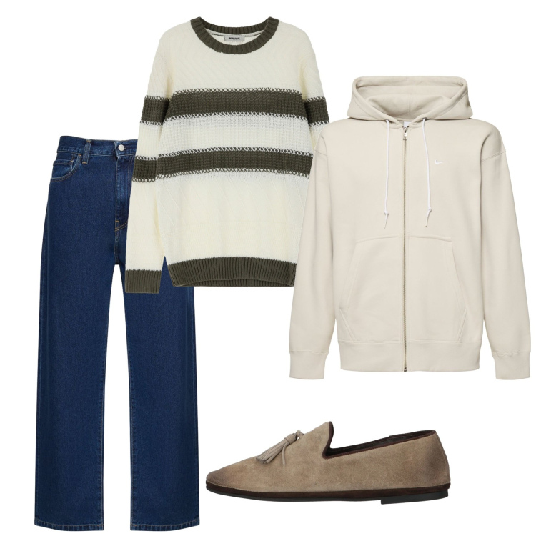 Outfit uomo - Marzo. Stile Casual per Tutti i giorni. Abbinamento con scarpe stringate, maglieria, pantaloni, felpe con cappuccio.