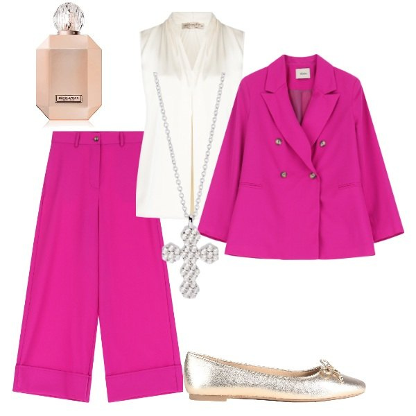 Outfit donna - Aspettando la primavera. Stile Trendy per Serata fuori. Abbinamento con ballerine, profumi, pantaloni a palazzo, blazer, ciondoli, bluse.