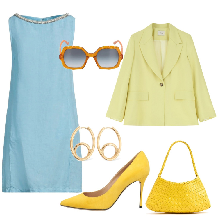 Outfit donna - Accessori gialli. Stile Chic per Ufficio. Abbinamento con décolleté, vestiti corti, blazer, occhiali da sole, orecchini, borse a spalla.