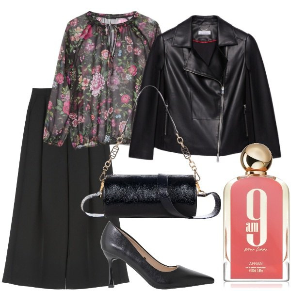 Outfit donna - Serata tra amici. Stile Casual chic per Serata fuori. Abbinamento con profumi, borse a mano, pantaloni a palazzo, décolleté, bluse, blazer.
