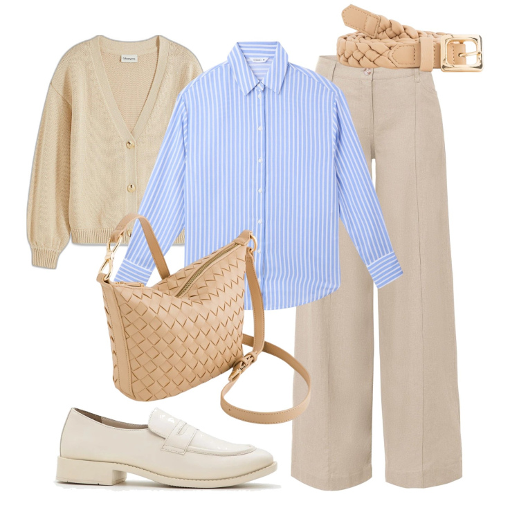 Outfit donna - City time. Stile Trendy per Tutti i giorni. Abbinamento con pantaloni a palazzo, cardigans, mocassini, camicie, borse a tracolla, cinture.