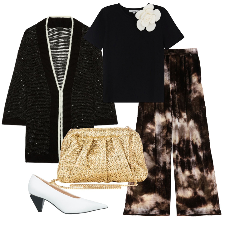 Outfit donna - Fiori bianchi. Stile Chic per Serata fuori. Abbinamento con décolleté, clutch, t-shirt, pantaloni, cardigans.