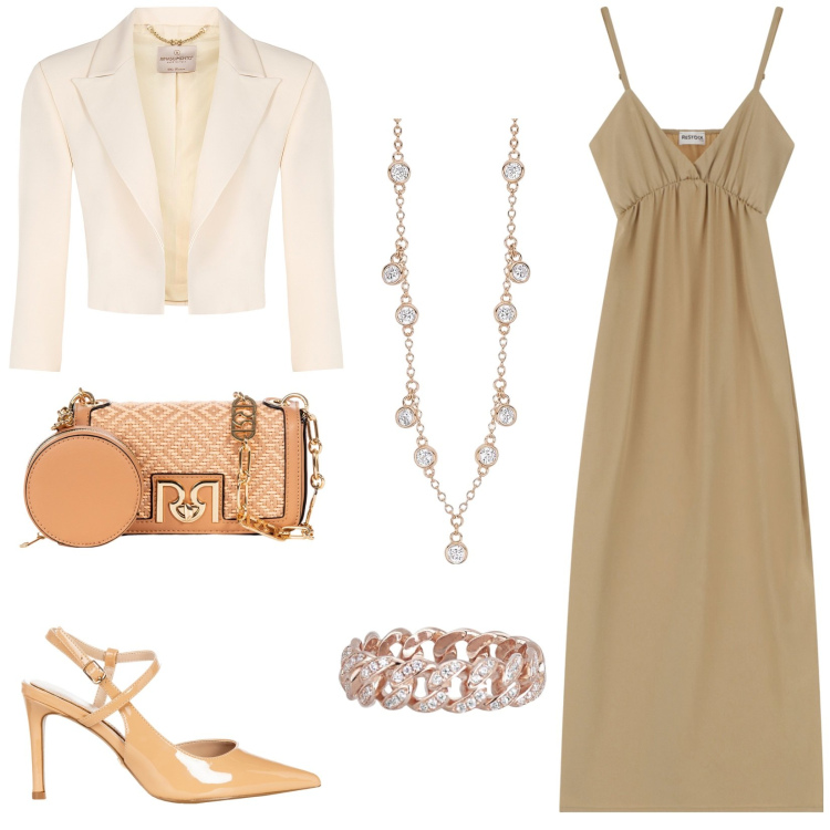 Outfit donna - Cerimonia in abito lungo. Stile Glamour per Cerimonia. Abbinamento con vestiti, collane, anelli, décolleté, borse a tracolla, bolero.