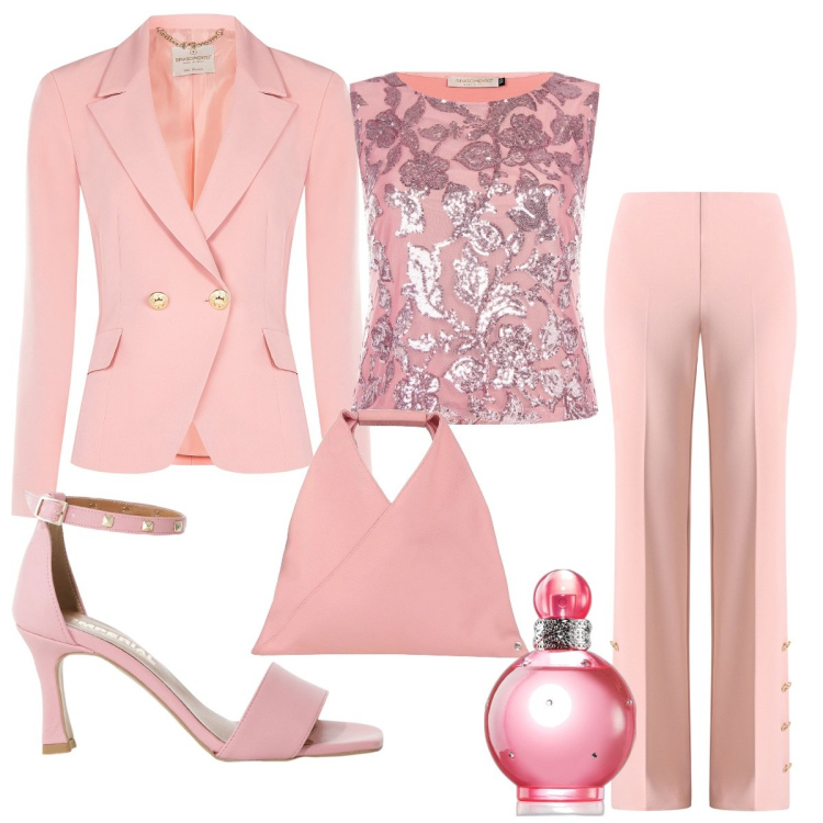 Outfit donna - Primavera in rosa. Stile Bon Ton per Cerimonia. Abbinamento con borse a mano, profumi, top, pantaloni a palazzo, blazer, sandali col tacco.