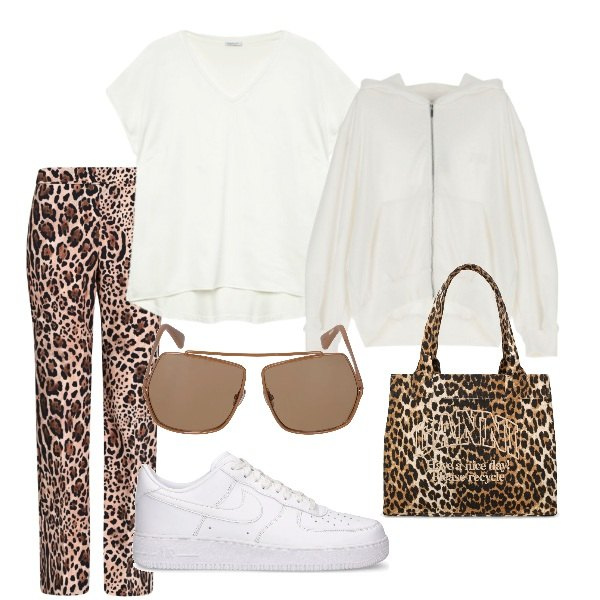 Outfit donna - Domenica mattina. Stile Trendy per Tutti i giorni. Abbinamento con pantaloni, felpe con cappuccio, shopping bag, t-shirt, sneakers, occhiali da sole.