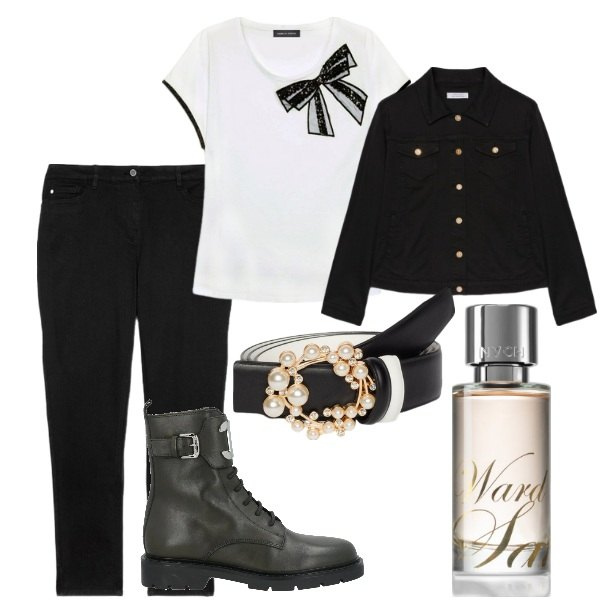 Outfit donna - Aspettando la primavera. Stile Trendy per Tutti i giorni. Abbinamento con anfibi, profumi, cinture, t-shirt, jeans skinny, blazer.