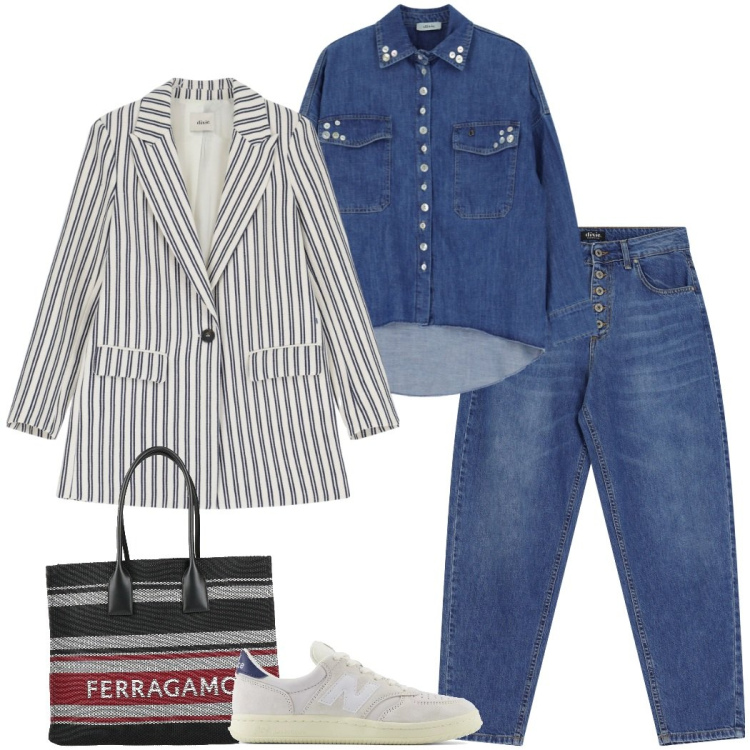 Outfit donna - In jeans. Stile Casual chic per Tutti i giorni. Abbinamento con borse a spalla, sneakers, jeans, blazer, camicie.