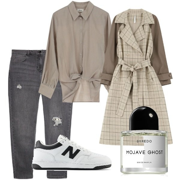 Outfit donna - A spasso per la città. Stile Trendy per Tutti i giorni. Abbinamento con profumi, sneakers, trench, camicie, jeans strappati.