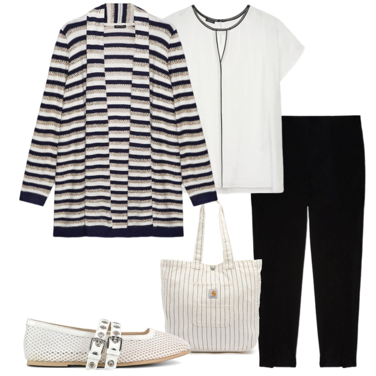 Outfit donna - In ufficio. Stile Casual chic per Ufficio. Abbinamento con bluse, cardigans, ballerine, pantaloni skinny, borse tote.