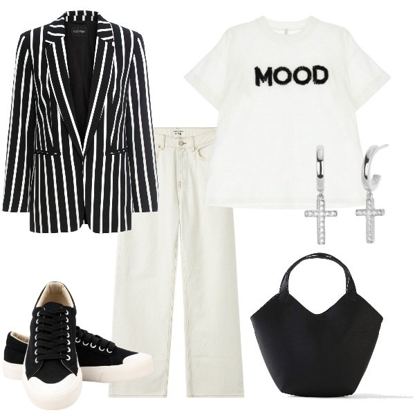 Outfit donna - Domenica mattina. Stile Trendy per Tutti i giorni. Abbinamento con blazer, borse a mano, jeans, orecchini, t-shirt, sneakers.