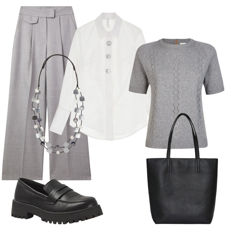 Outfit donna - Mannish style in ufficio. Stile Mannish per Ufficio. Abbinamento con pantaloni, borse tote, mocassini, camicie, maglieria, collane.
