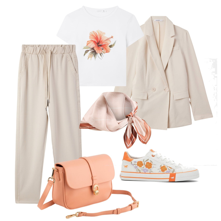 Outfit donna - Fiori albicocca e sabbia. Stile Sporty chic per Tutti i giorni. Abbinamento con sneakers, blazer, t-shirt, pantaloni skinny, foulard, borse a tracolla.