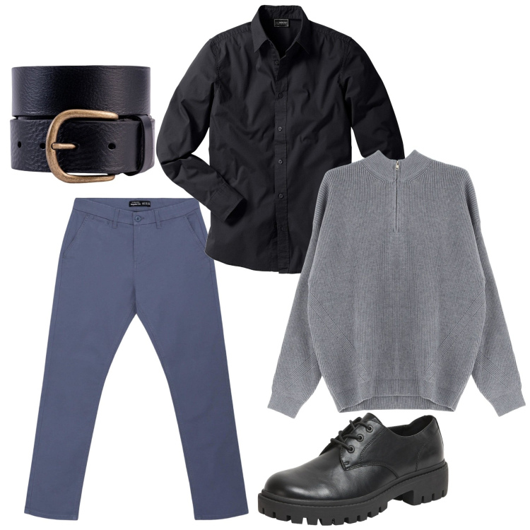 Outfit uomo - Casual chic. Stile Casual per Tutti i giorni. Abbinamento con camicie, pantaloni chino, scarpe stringate, maglieria, cinture.