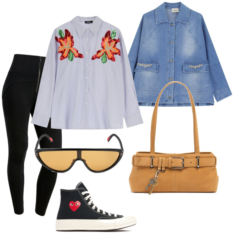 Outfit donna - Total look #2092890. Stile Trendy per Tutti i giorni. Abbinamento con blazer, camicie, pantaloni skinny, sneakers, borse a spalla, occhiali da sole.