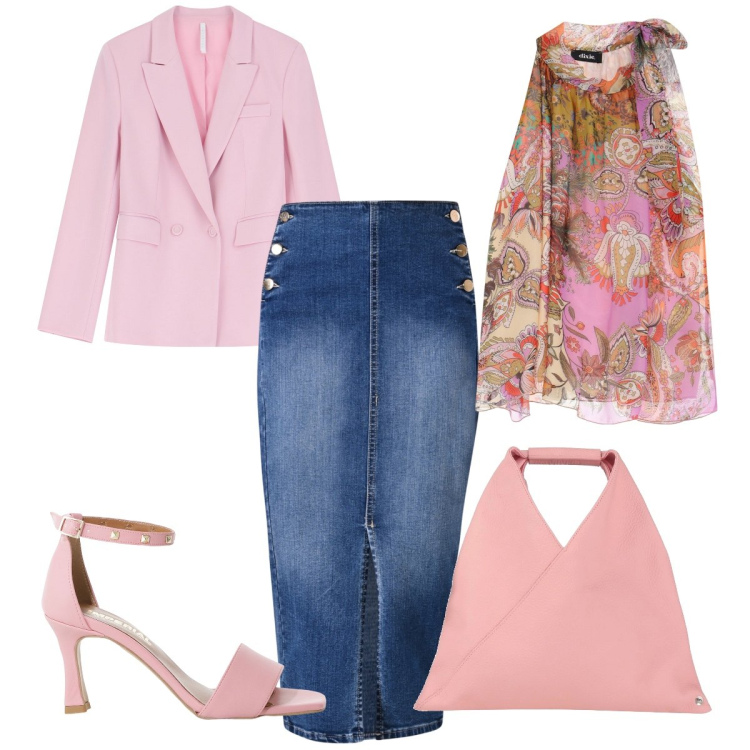 Outfit donna - Rosa. Stile Casual chic per Tutti i giorni. Abbinamento con borse a mano, blazer, sandali col tacco, top, gonne longuette.