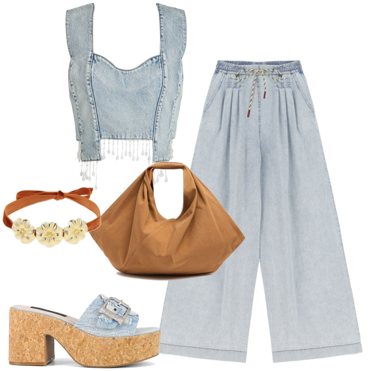 Outfit donna - Let\'s go boho. Stile Boho per Tutti i giorni. Abbinamento con top, jeans, sandali, collane, borse a spalla.