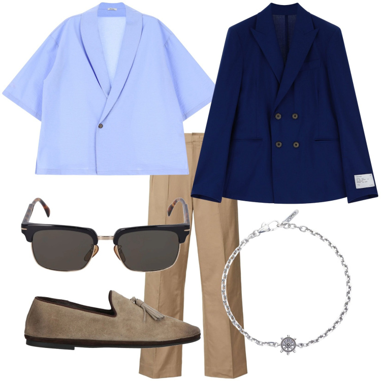 Outfit uomo - Primavera bohemien. Stile Trendy per Tutti i giorni. Abbinamento con scarpe stringate, braccialetti, giacche, camicie a manica corta, occhiali da sole, pantaloni chino.
