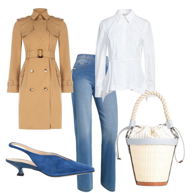 Outfit donna - Total look #2092903. Stile Bon Ton per Tutti i giorni. Abbinamento con décolleté, camicie, borse a secchiello, trench, jeans.