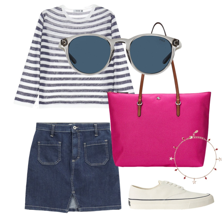 Outfit donna - Mademoiselle. Stile Casual per Mare. Abbinamento con braccialetti con ciondoli, maglieria, minigonne, occhiali da sole, sneakers, borse tote.