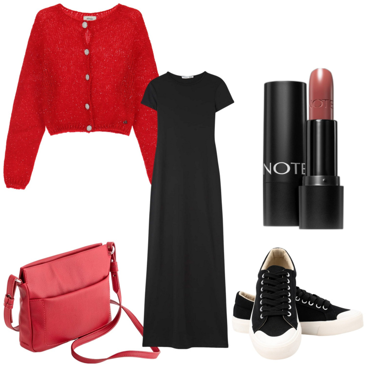 Outfit donna - In lungo. Stile Casual chic per Tutti i giorni. Abbinamento con rossetti, vestiti lunghi, cardigans, sneakers, borse a tracolla.