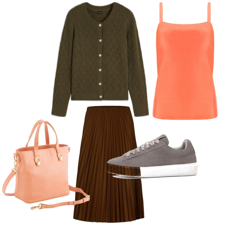 Outfit donna - Arancio. Stile Casual chic per Tutti i giorni. Abbinamento con cardigans, sneakers, canottiere, gonne longuette, borse a mano.