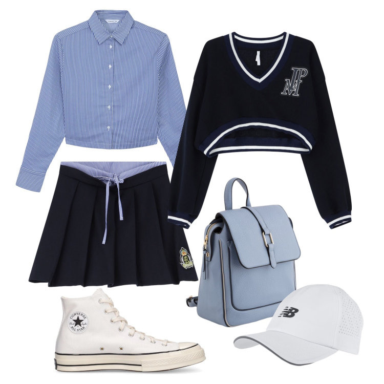 Outfit donna - Collage style in città. Stile Preppy per Tutti i giorni. Abbinamento con camicie, cappelli, pullovers, minigonne, sneakers, zaini.