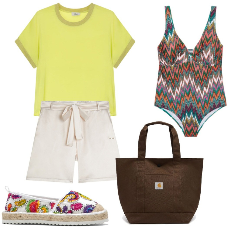 Outfit donna - Colore per la vacanza al mare. Stile Casual chic per Mare. Abbinamento con espadrillas, shorts, t-shirt, costumi interi, borse tote.