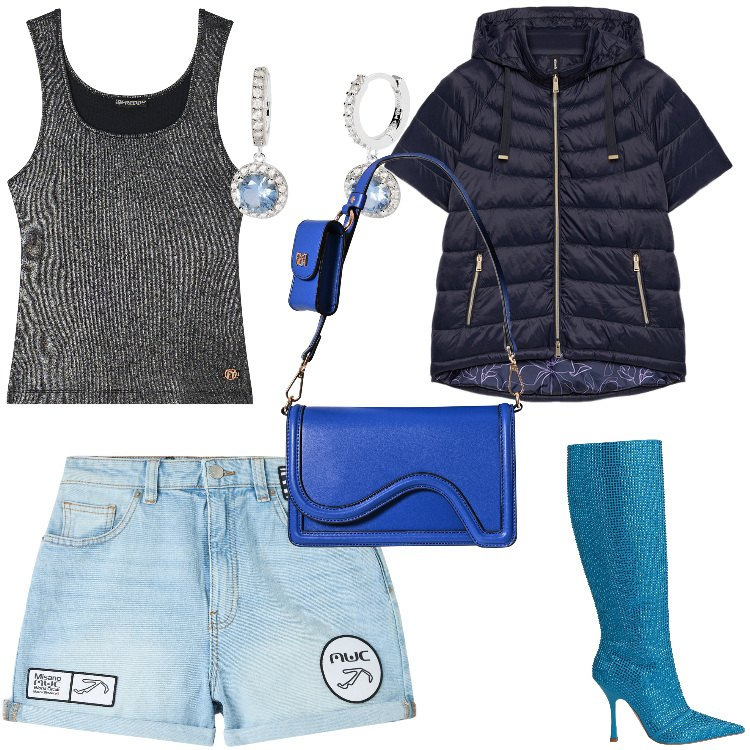 Outfit donna - jeansmania. Stile Rock per Serata fuori. Abbinamento con stivali, shorts, orecchini, pochette, canottiere, piumini.