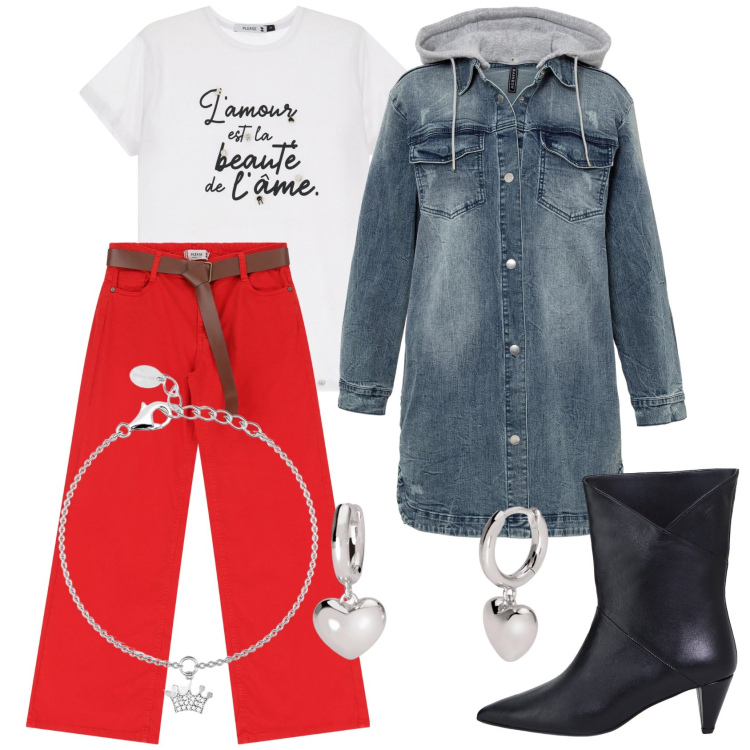 Outfit donna - Amare se stesse.. Stile Casual per Tutti i giorni. Abbinamento con blazer, braccialetti con ciondoli, orecchini, pantaloni, t-shirt, stivaletti.