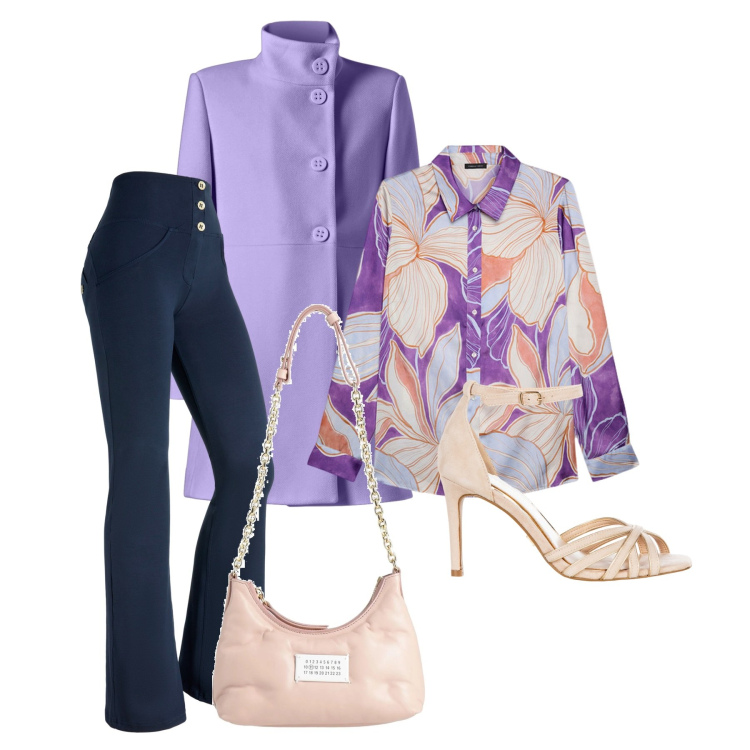 Outfit donna - Spring colors. Stile Casual chic per Serata fuori. Abbinamento con borse a spalla, cappotti, sandali col tacco, pantaloni skinny, camicie.