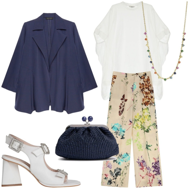 Outfit donna - Fiori protagonisti per la sera. Stile Chic per Serata fuori. Abbinamento con sandali in pelle, collane, pantaloni a palazzo, t-shirt, blazer, pochette.