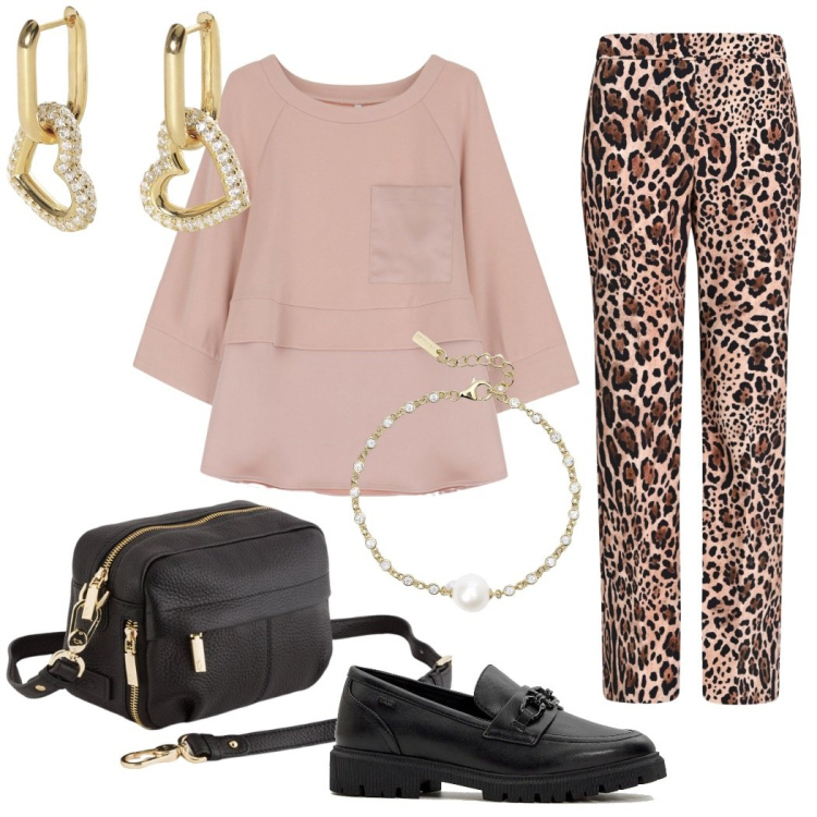 Outfit donna - Happy hour con le amiche. Stile Casual chic per Serata fuori. Abbinamento con mocassini, pantaloni, orecchini, braccialetti, felpe, borse a tracolla.