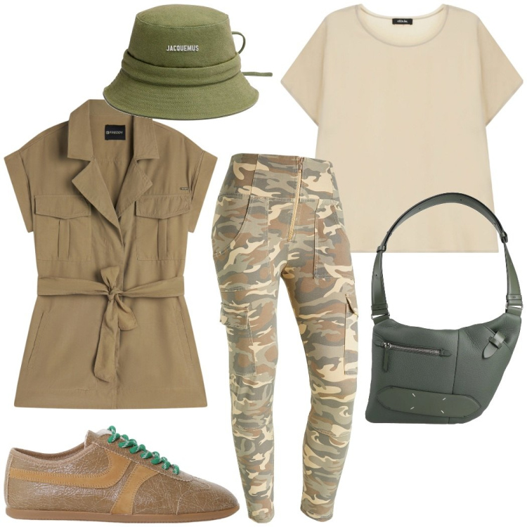 Outfit donna - Total look #2092960. Stile Military per Tutti i giorni. Abbinamento con borse a tracolla, sneakers, t-shirt, pantaloni cargo, trench, cappelli.