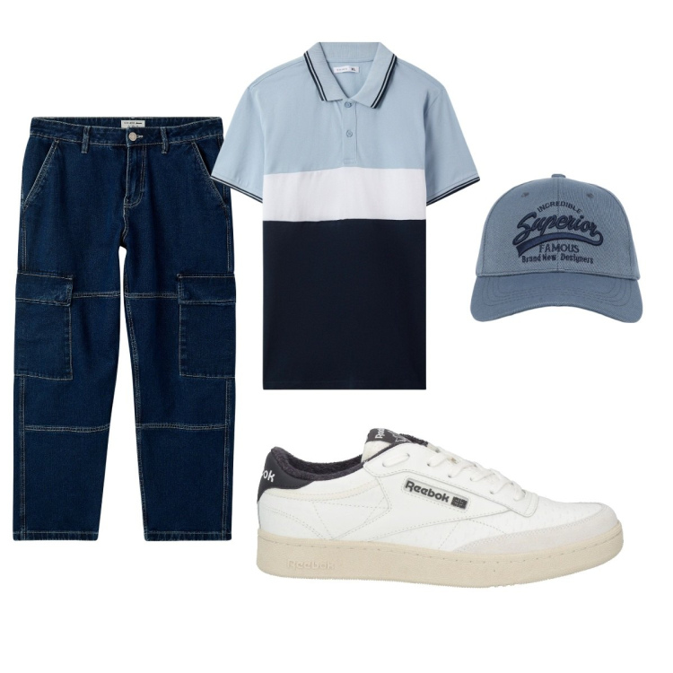 Outfit uomo - Total look #2092964. Stile Casual per Tutti i giorni. Abbinamento con sneakers, cappelli con visiera, polo, jeans.